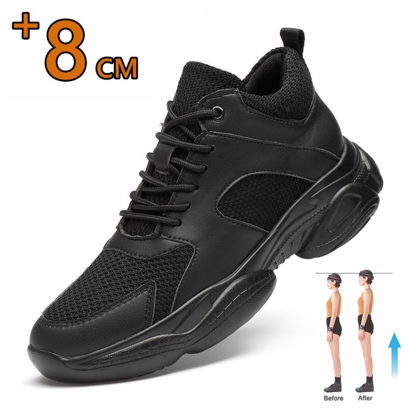 Fashion Men Mesh+Leather Elevator Sneakers 8cm Insole Height Increased Shoes Teenager Unisex Hidden Heels Inner Heightening Lift Sports