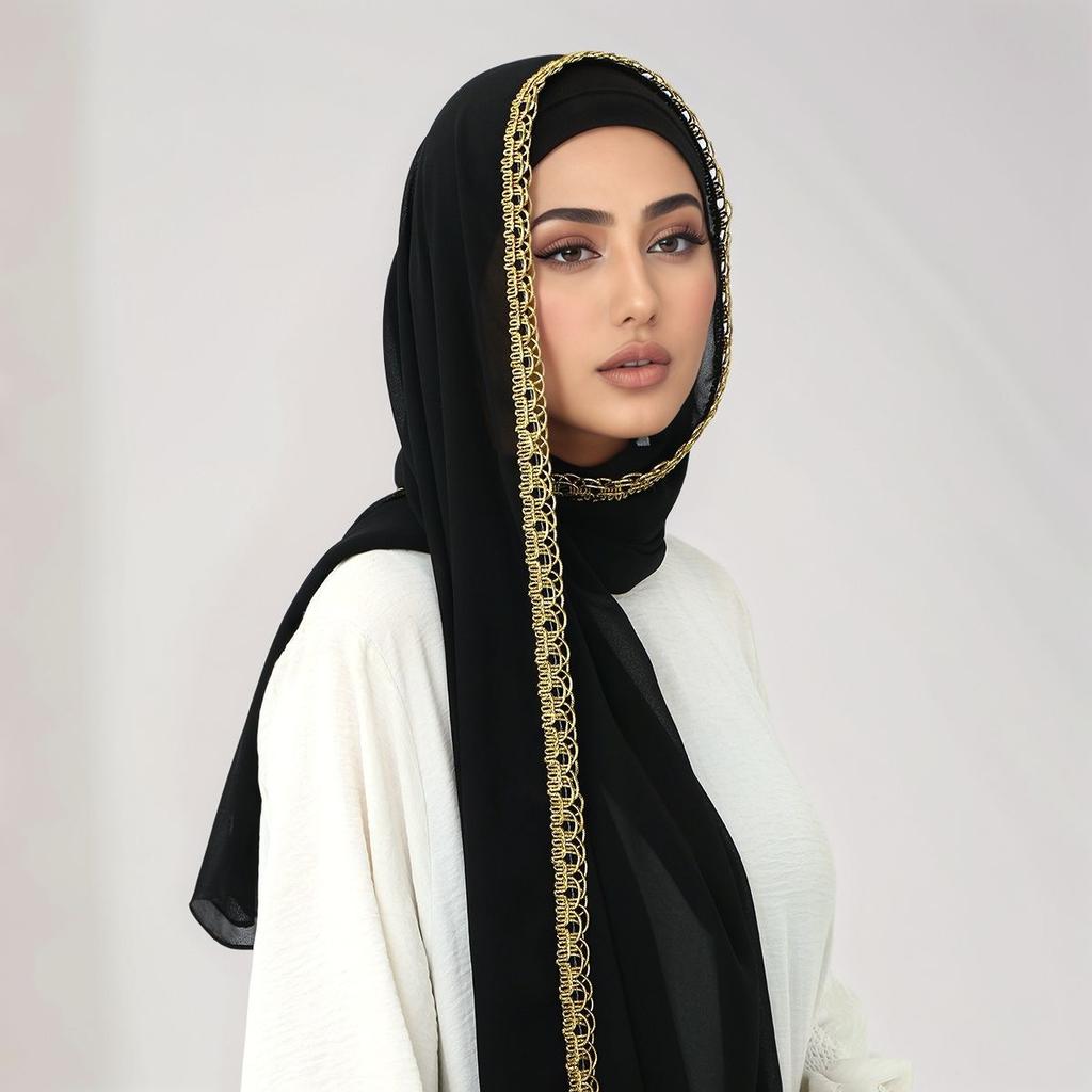 Premium Chiffon Hijab Scarf Women Muslim Hijabs Shawl Shinny Golden Rippled Edge Long Wraps Headband Bandanas Scarves Turbante