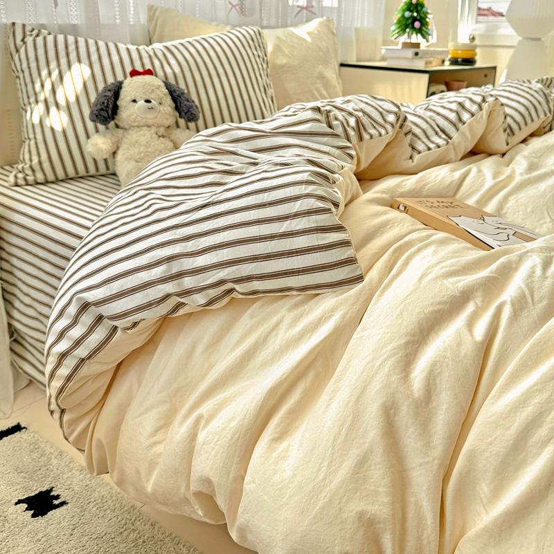 Striped Bedding Set Korean Style Duvet Cover Set Flat Sheets Set Single Twin Double Size Bed Linen Set Back To School Season