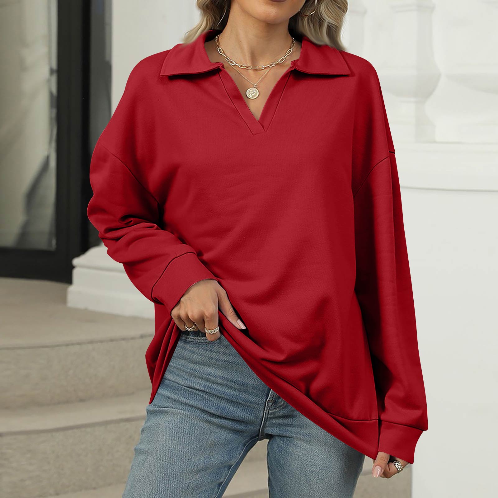 

Женский модный свитшот оверсайз однотонный с V-образным вырезом и длинным рукавом, повседневный топ XXL красный