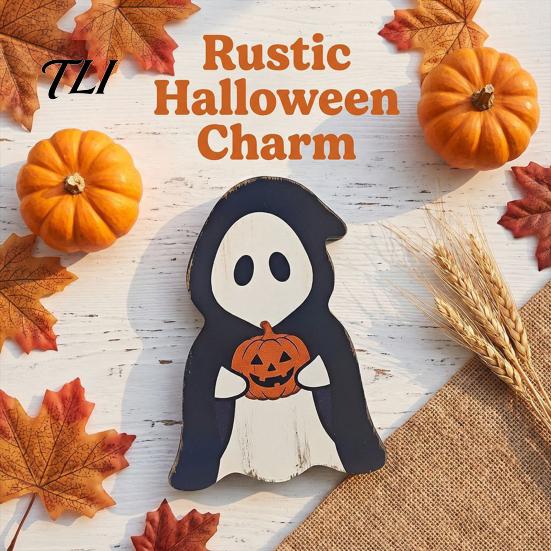 Halloween Living Room Table Decorations Wooden Tabletop Decorative Plaque, Rustic Distressed Wood Art Sign, Cute Autumn Home Accents Ghost Patterns