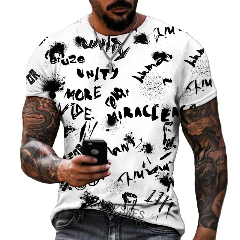 Men's Urban Streetwear Graffiti T-Shirt, Black White Gold Letter Print O-Neck Short Sleeve Casual Daily Tops