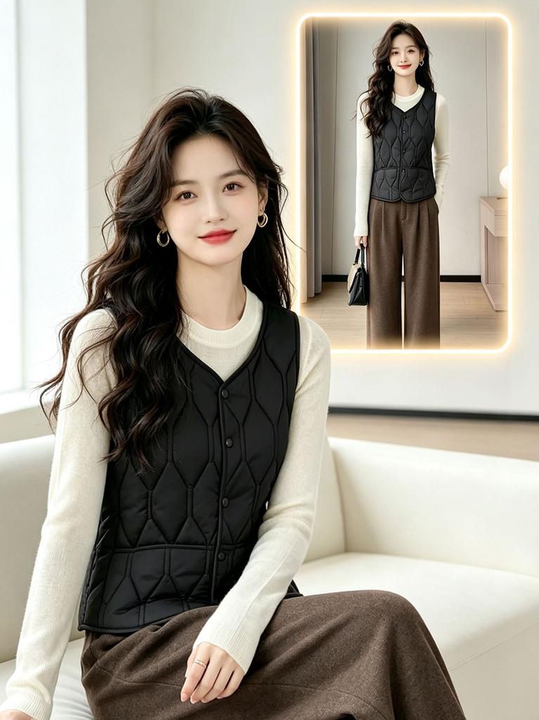 New women's down cotton vest in autumn and winter, piled and thickened to keep warm, wearing short V-neck sleeveless vest