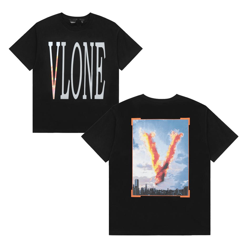 Vlone City Fire V Print Oversized T-shirt, Men's and Women's Casual Hip Hop Streetwear Short Sleeve Tee