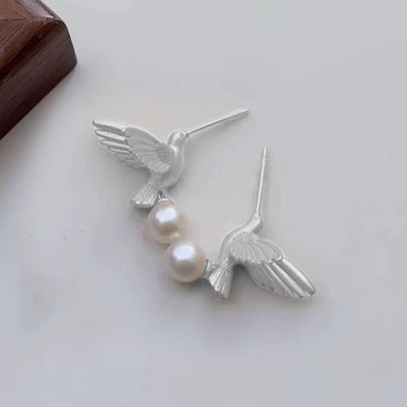 

ANENJERY Gold Silver Color Bird Inlaid Pearl Earrings for Women Vintage Niche Design Fashion Jewelry Gifts Wholesale Party срібний