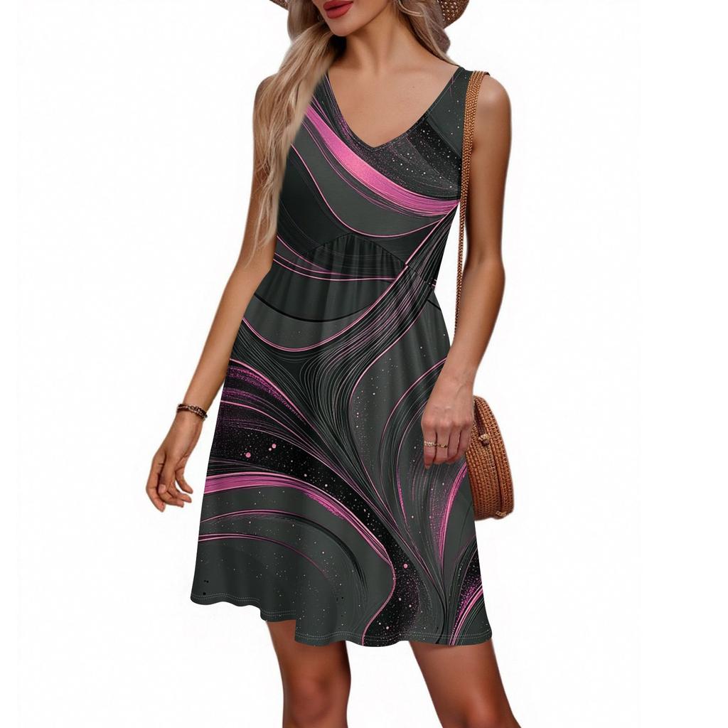 Women's Summer V-neck Casual Beach Vacation Style Retro Floral Print Sleeveless Patchwork Dress