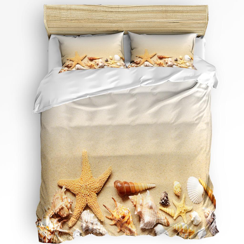 Beach Sea Starfish Shells Green 3pcs Bedding Set For Bedroom Double Bed Home Textile Duvet Cover Quilt Cover Pillowcase