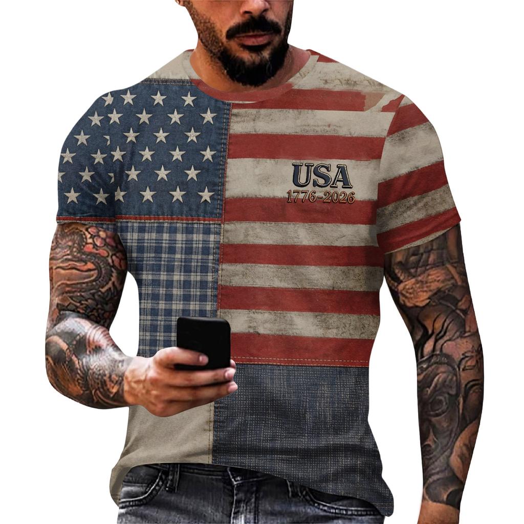 Men's Loose And Casual Flag-print T-shirt, Short Sleeve Shirt