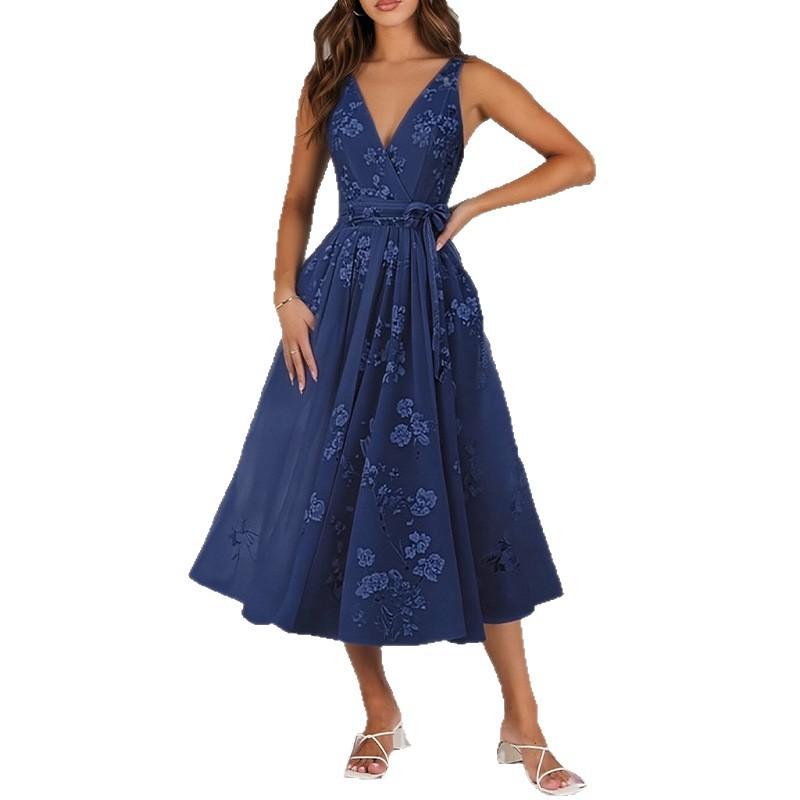 2026 women's spring new, Amazon cross-border Europe and the United States, elegant temperament printed waist lace-up dress