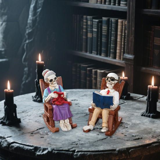 2 szt. Halloweenowy fotel bujany szkielet starsze rzeźby mała czytająca dziergająca figurka szkieletu rękodzieło z żywicy do dekoracji dziedzińca trawnika werandy