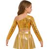 Girls Jazz Dance One Shoulder Long Sleeve Sequins Top Performance Competition Costume