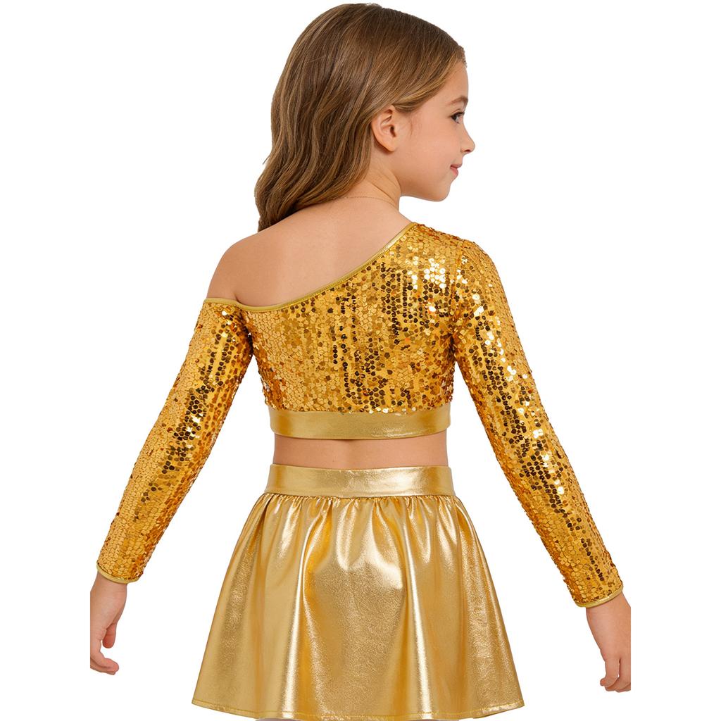 Girls Jazz Dance One Shoulder Long Sleeve Sequins Top Performance Competition Costume