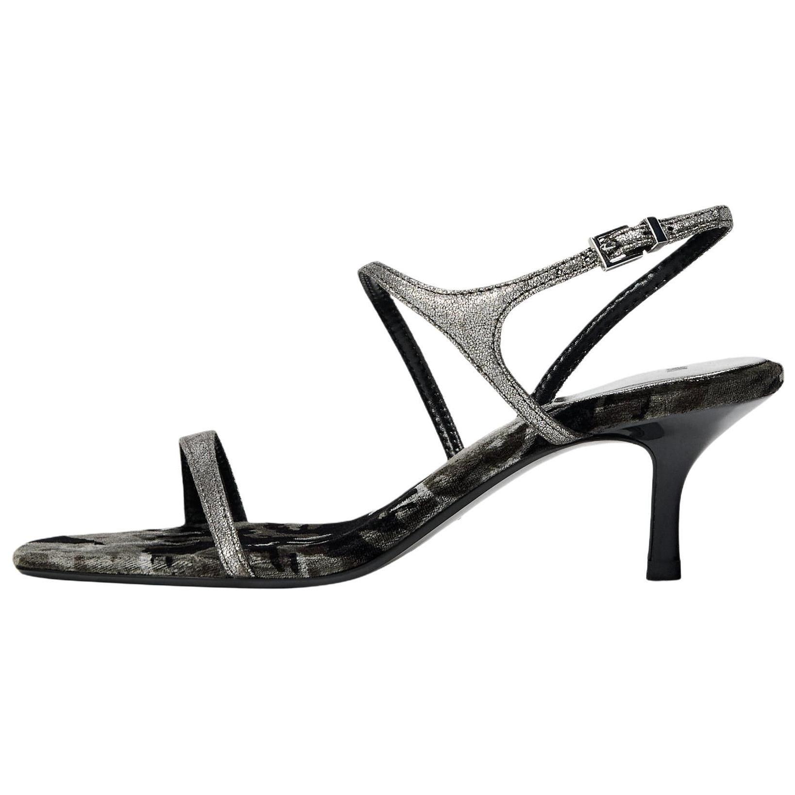 Zara Удобные Универсальные Босоножки на Высоком Каблуке с Одним Ремешком 6 см Женские Босоножки Серебристые 11349410-38 38