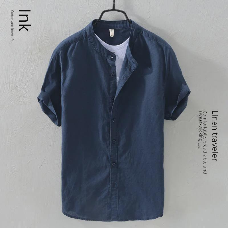 Men's Short-Sleeve Linen Shirt, Chinese Stand Collar, Casual Loose-Fit, Summer Trend