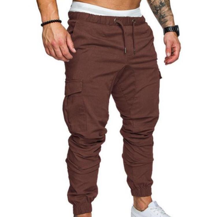 Skinny Cargo Pants Casual Men Solid Color Drawstring Waist Ankle Tied Pockets