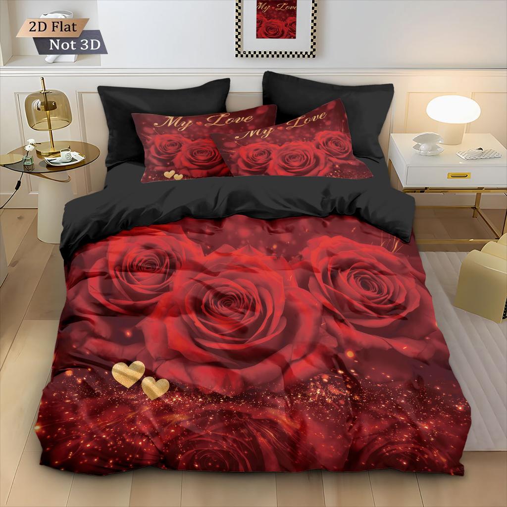 3pcs Red Bedding Set Golden Rose Valentine's Day Print Comfortable King Queen Twin Single Size for Home Decoration for Lover