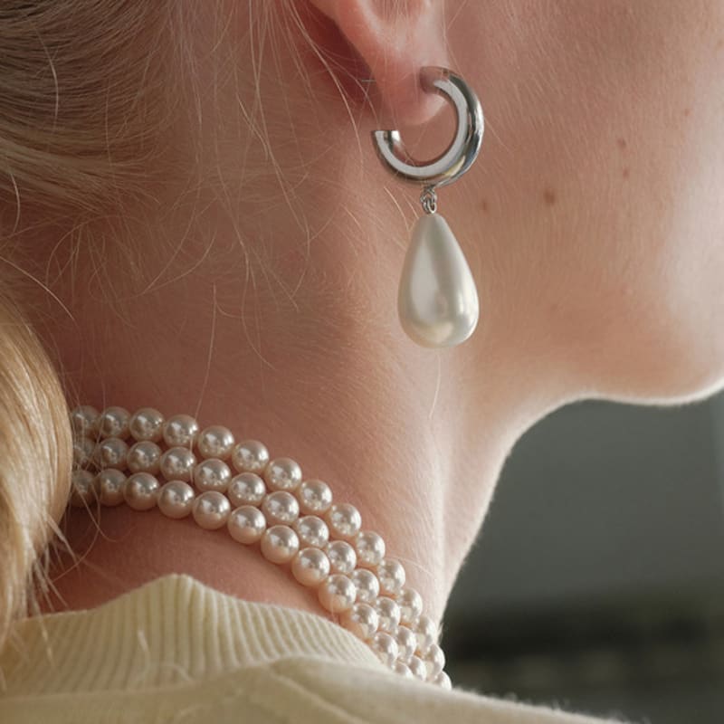 MONDAY EDITION Teardrop Pearl Hoop Earrings - Silver