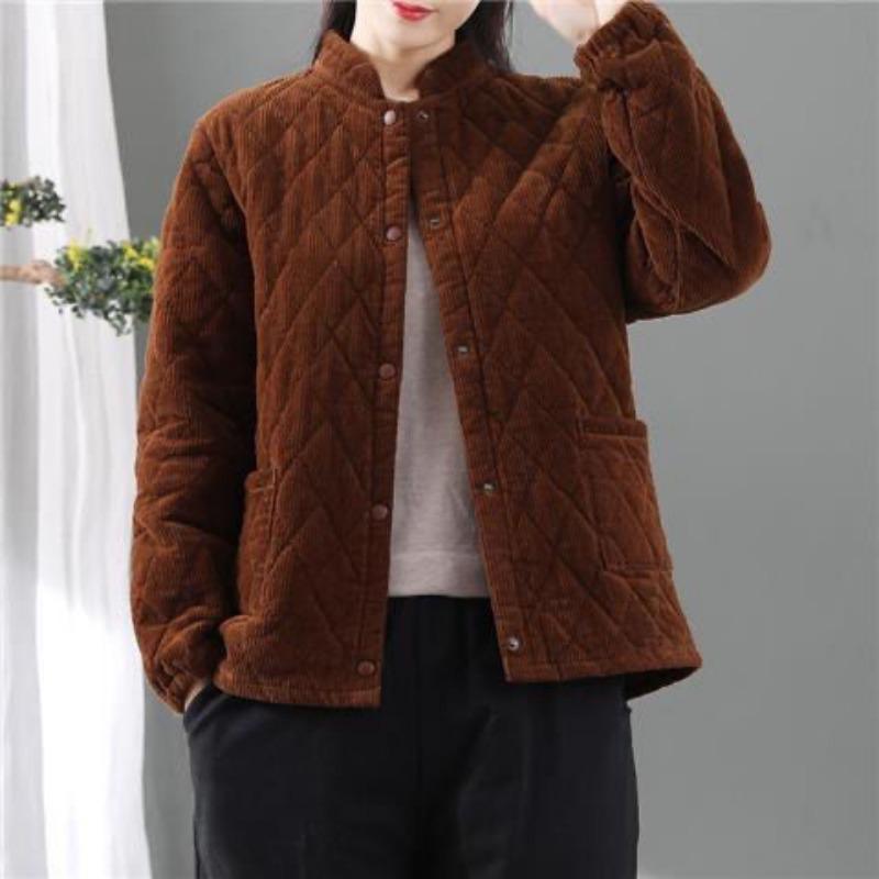 Women's Winter Autumn Corduroy Quilted Cotton Padded Jacket Retro Loose Stand-Collar Diamond Pattern Short Corduroy Cotton Outerwear