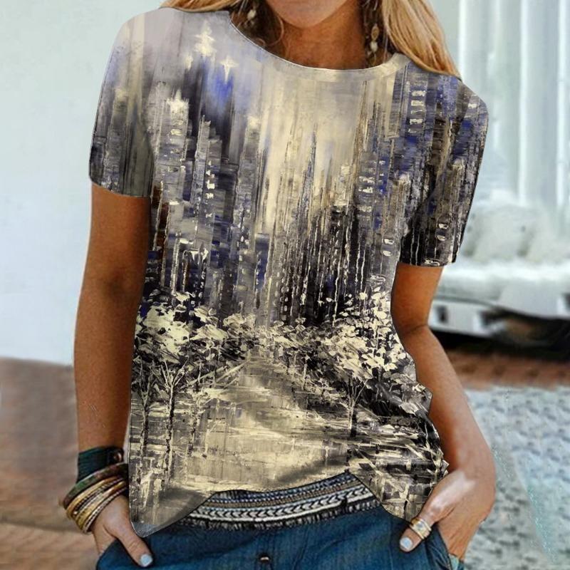 Printed T-shirt Painting Round Neck Women's Short Sleeved Casual T-shirts Vintage Top