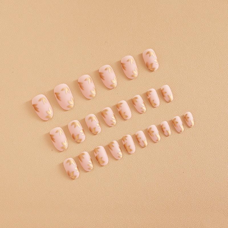 

24 шт. Середній мигдальний прес на нігтях, накладні нігті з золотим листям, накладні нігті з повним покриттям для жінок і дівчат