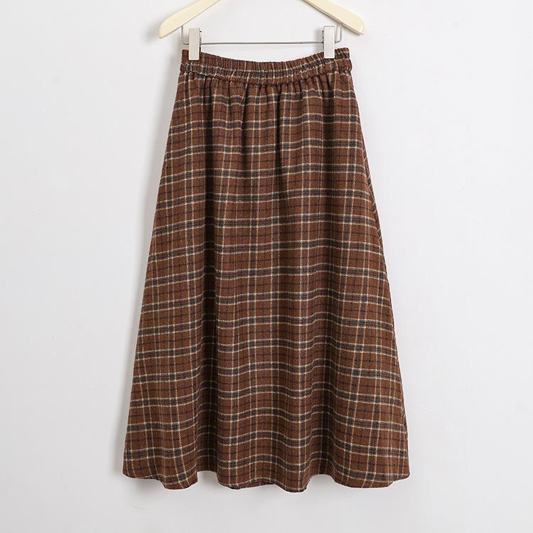 Women's Retro Plaid Wool Blend Midi Skirt - High Waist A-line with Double Pockets for Autumn/Winter