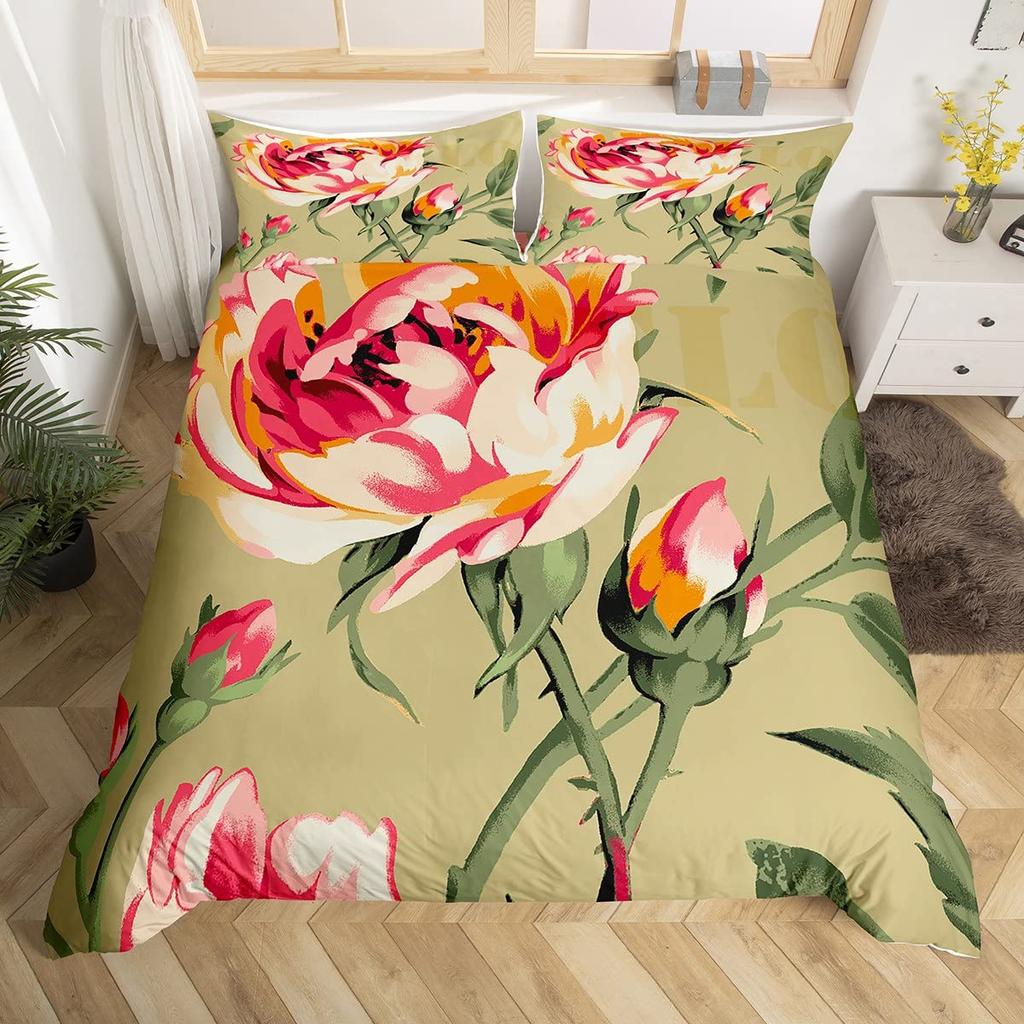 Vintage Flower King Full Queen Duvet Cover Retro Pink Floral Comforter Cover Rose Green Leaves Bedding Set Polyester Quilt Cover