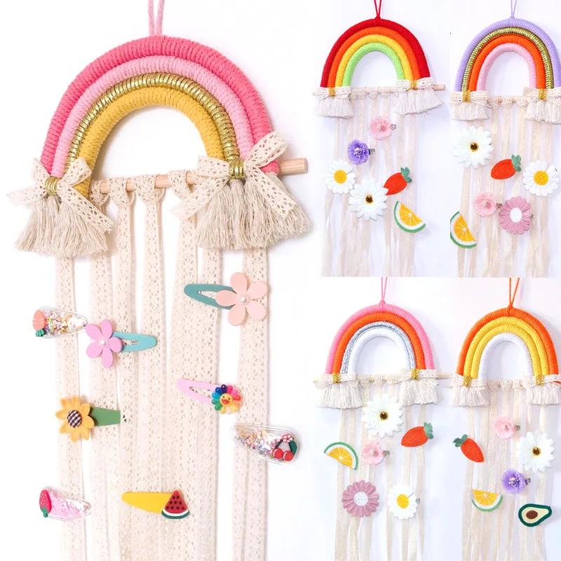 INS Weave Rainbow Baby Hair Clips Acssories Holder Prinss Girls Hairpin Hairband Storage Pendant Jewelry Wall Ornaments