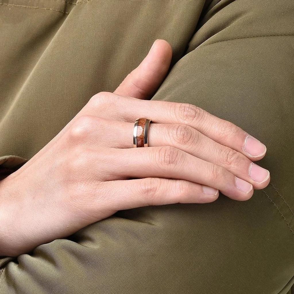 Fashion 8MM Gold Color Men Stainless Steel Rings For Men Women Domed Koa Wood Inlay Rings Wedding Engagement Jewelry Gift