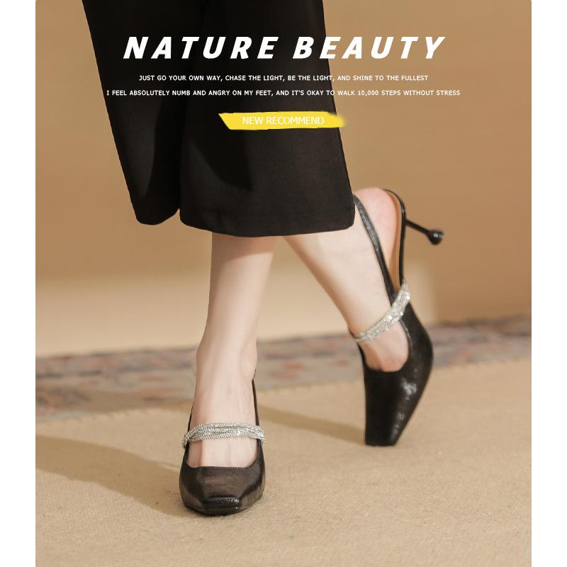 79916 [sheepskin] high heels women's thin heels 2025 new square head rear empty sandals rhinestone one-word strap shoes