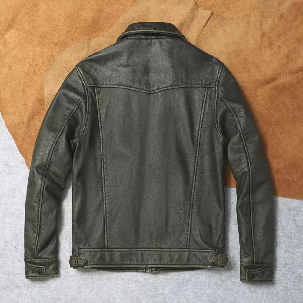 Chinese Size Vintage Olive Green Genuine Cowhide Men Leather Jacket Autumn Turn Down Collar Real Leather Coat