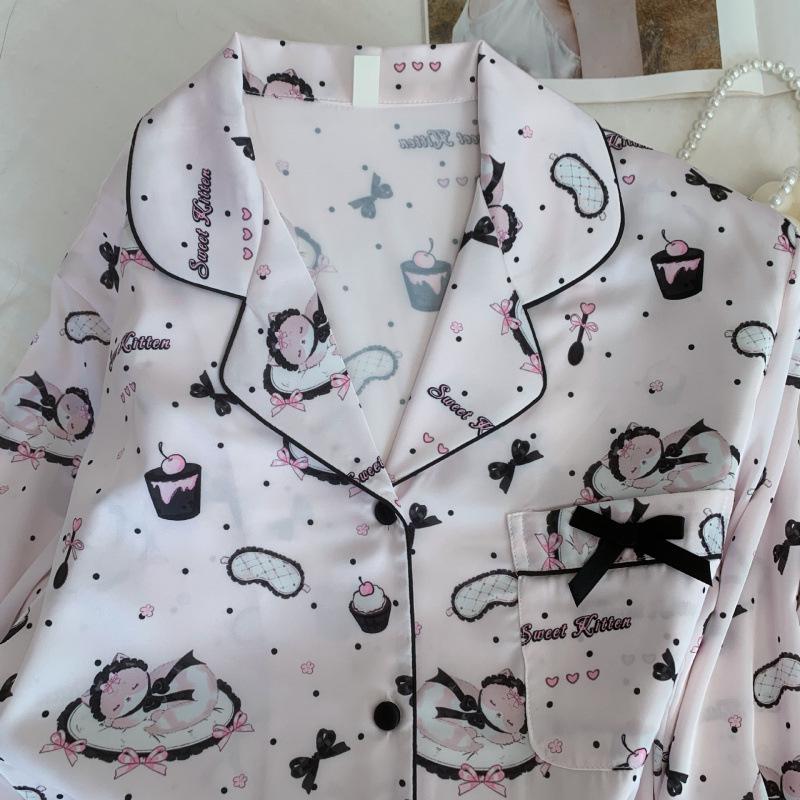 Goodnight Sleepy Cat: Women's Autumn/Winter Ice Silk Pajamas - Cartoon Kitten Print, Long Sleeve & Pants Set
