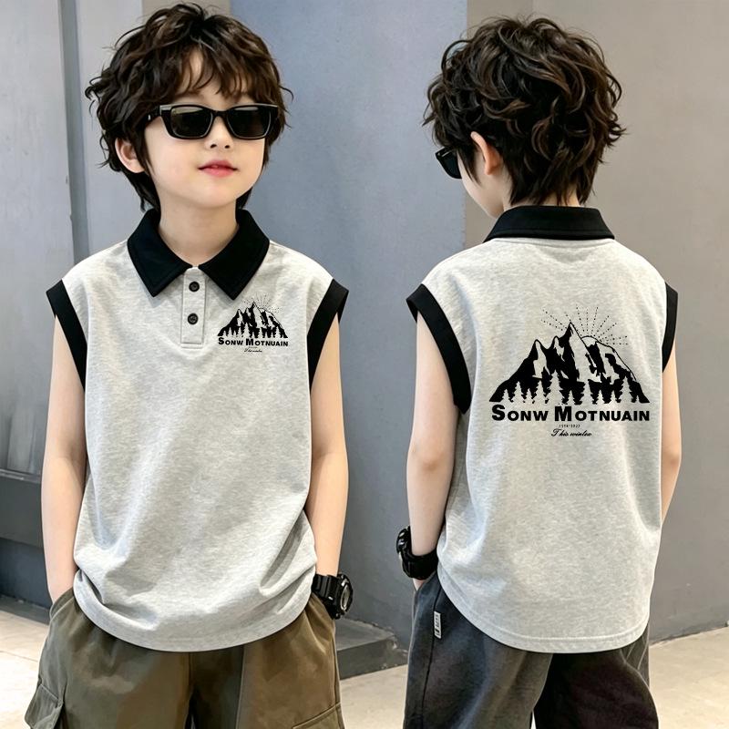 Boys' Trendy Cotton Color Block Polo Vest T-shirt with Stylish Lapel Patchwork - Sleeveless Summer Top for Medium and Large Children