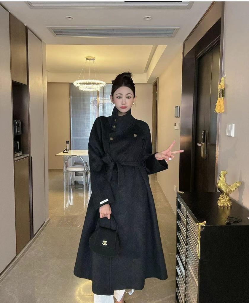 Retro, Blue Island Bay, wool long coat, blue temperament classic cape, winter double-sided tweed coat for women