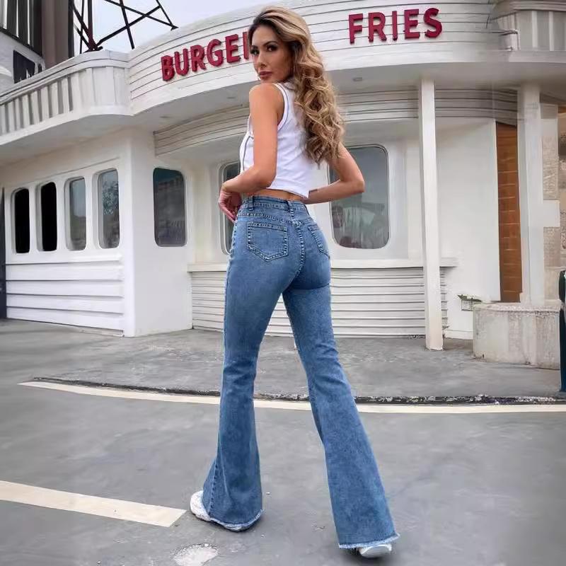Jean évasé à ourlet brut pour femme, braguette à boutons, mode automne, pantalon en denim pour femme, taille haute, slim, grande taille