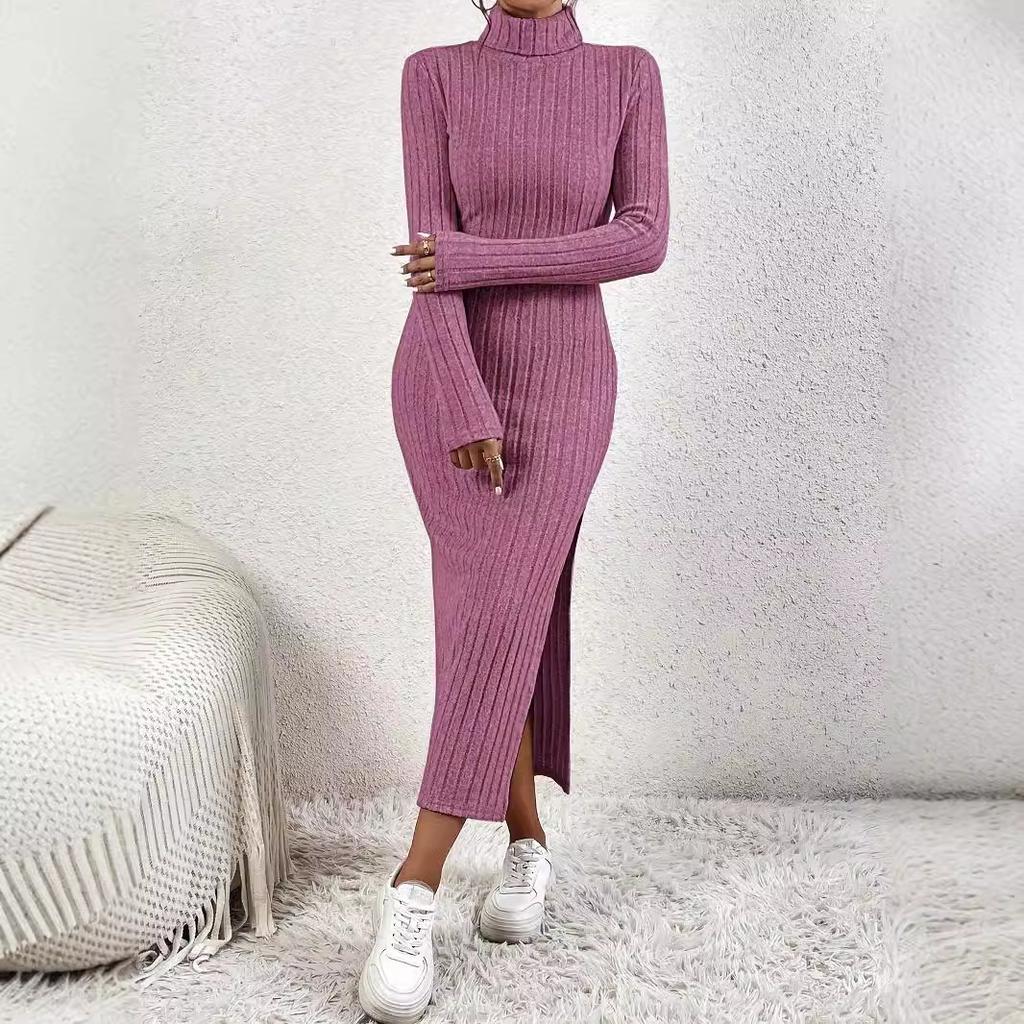 Podzim zima Jednobarevné Dlouhý rukáv Rolák Maxi šaty dámské Elegantní Boční rozparek Úzké Elastické pletené šaty dámské oblečení