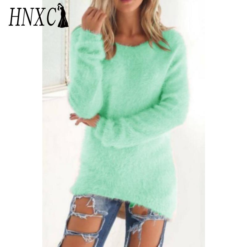 HNXC Women's Fashion Casual Solid Color Print Autumn Winter Long Sleeve O-Neck Loose Sweaters