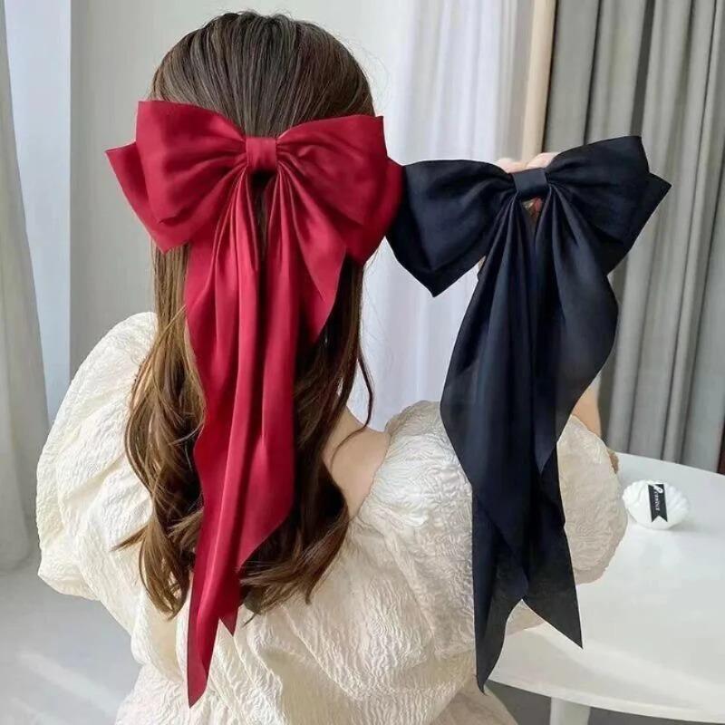 Fashionable Solid Color Ribbon Bow Hair Clip Women's Elegant Long Satin Large Bow Spring Clip Hair Accessory Top Clips