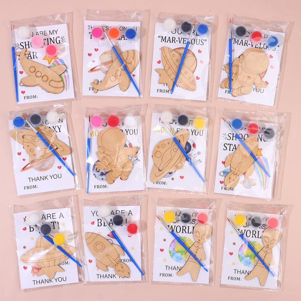 12 Pcs Astronaut Space Birthday Theme Party Favors Wooden Painting Crafts Kits Bulk With Game Cards Paint Brushes Decorations Fo