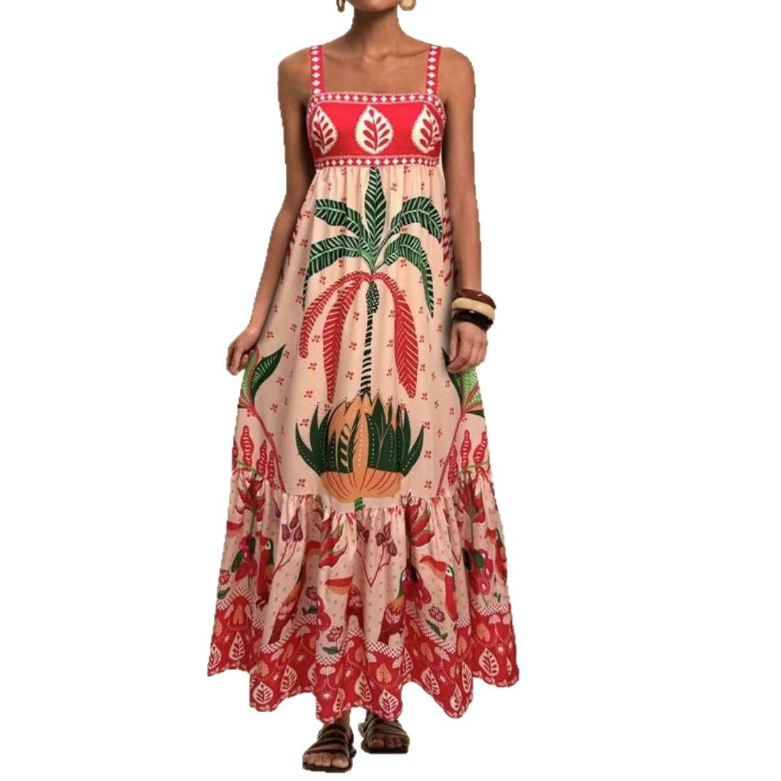 

Женские платья макси на бретельках с тропическими цветочными и геометрическими принтами, дышащая и мягкая ткань S красный