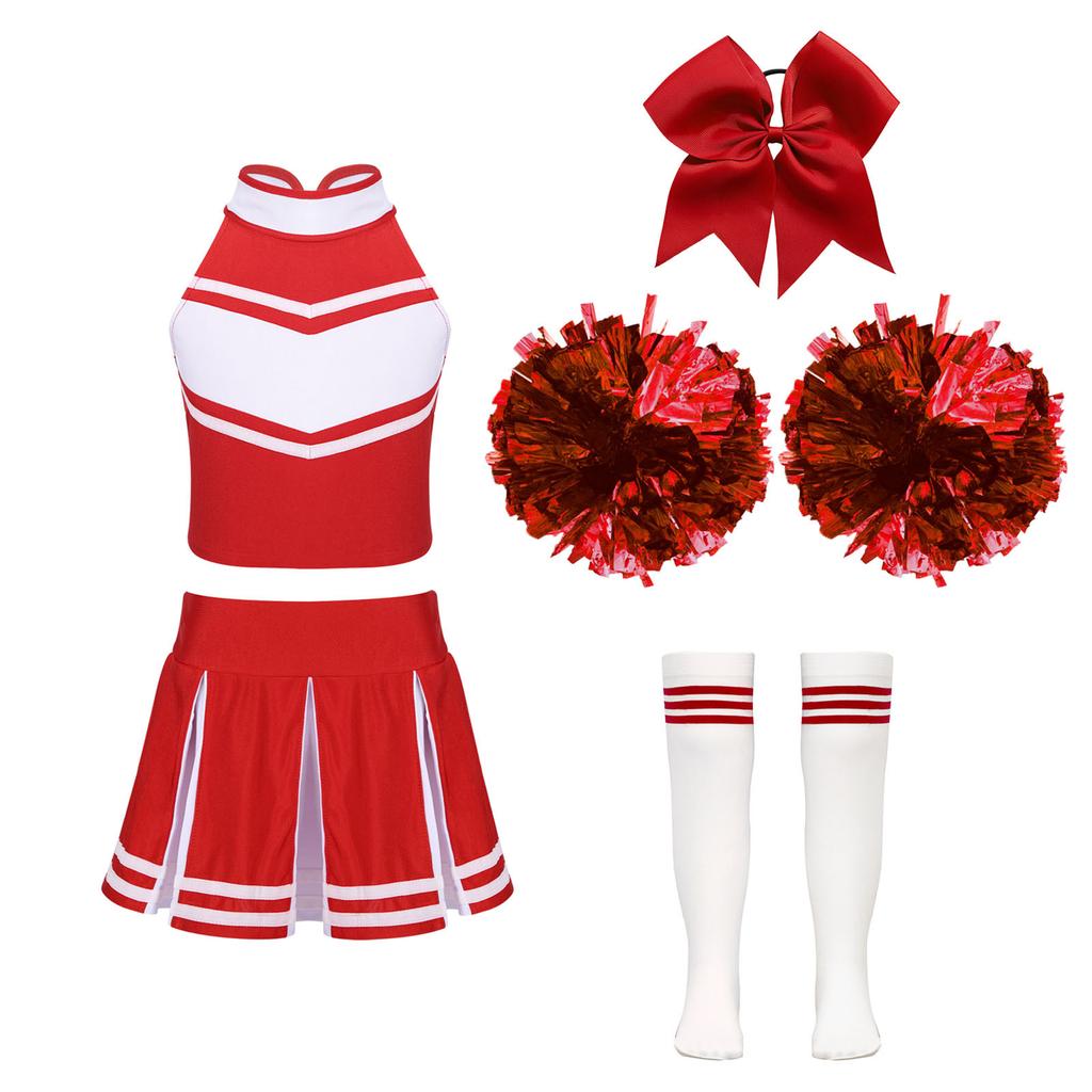 Kids Girls Cheerleading Set Sleeveless Zipper Top Pleated Skirt Bowknot Headwear 2 Hand Flowers Striped Tube Socks for Performance