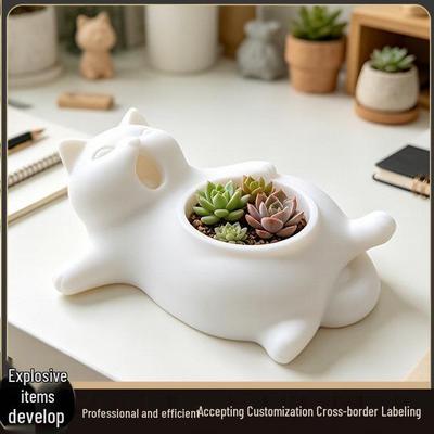 3D Printed Yawning Cat Succulent Planter - Desktop Ornament for Green Plant Decoration