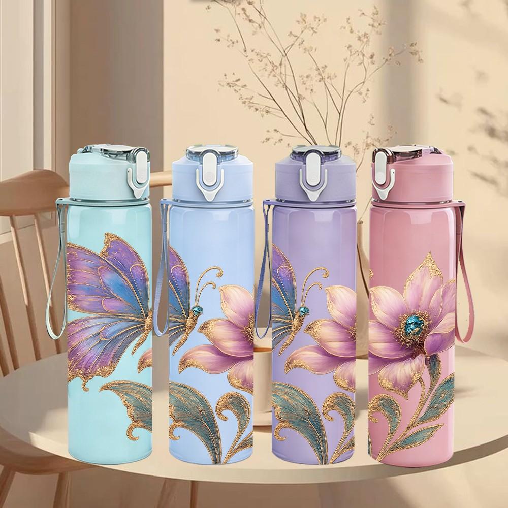 1PC Butterfly On Pink Peony Flower Print 750ml Color Plastic Sports Water Bottle Leakproof Flip Straw Lid Suitable for Sports Office Home Use