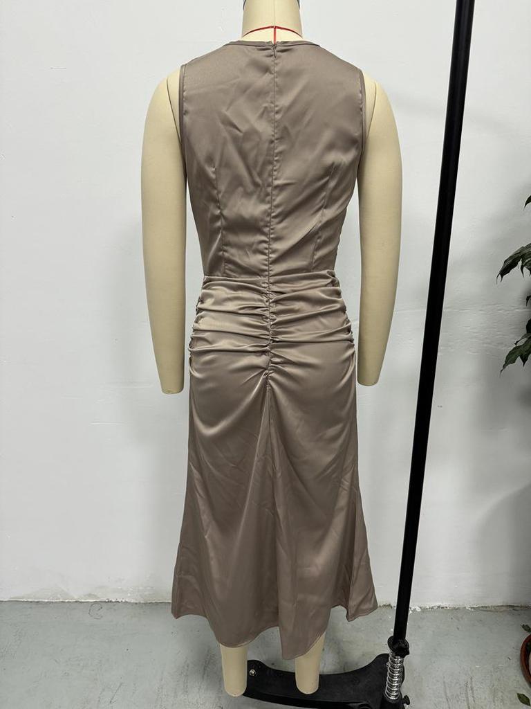 Europäisches & Amerikanisches Damen Herbst-Faux-Seiden-Satin-Falten-Midikleid