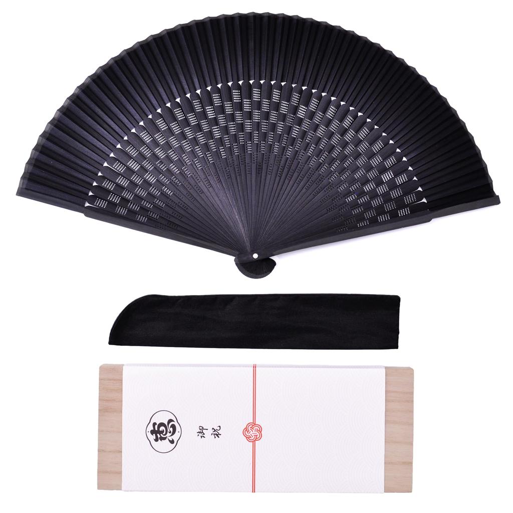 [Keichido] Folding Fan with Noshi Box, Checkered Frame, xin01 Black