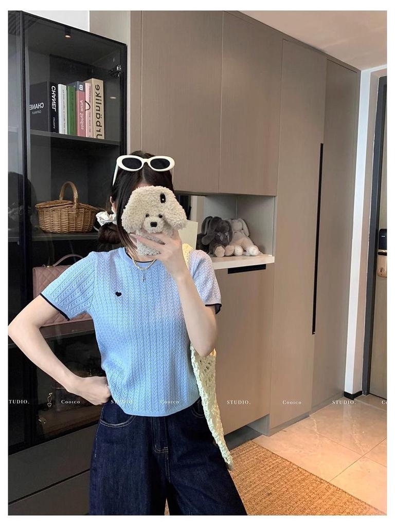 Chic Color Block Crew Neck Short Sleeve Knitted T-Shirt for Women - Preppy Style Summer 2025