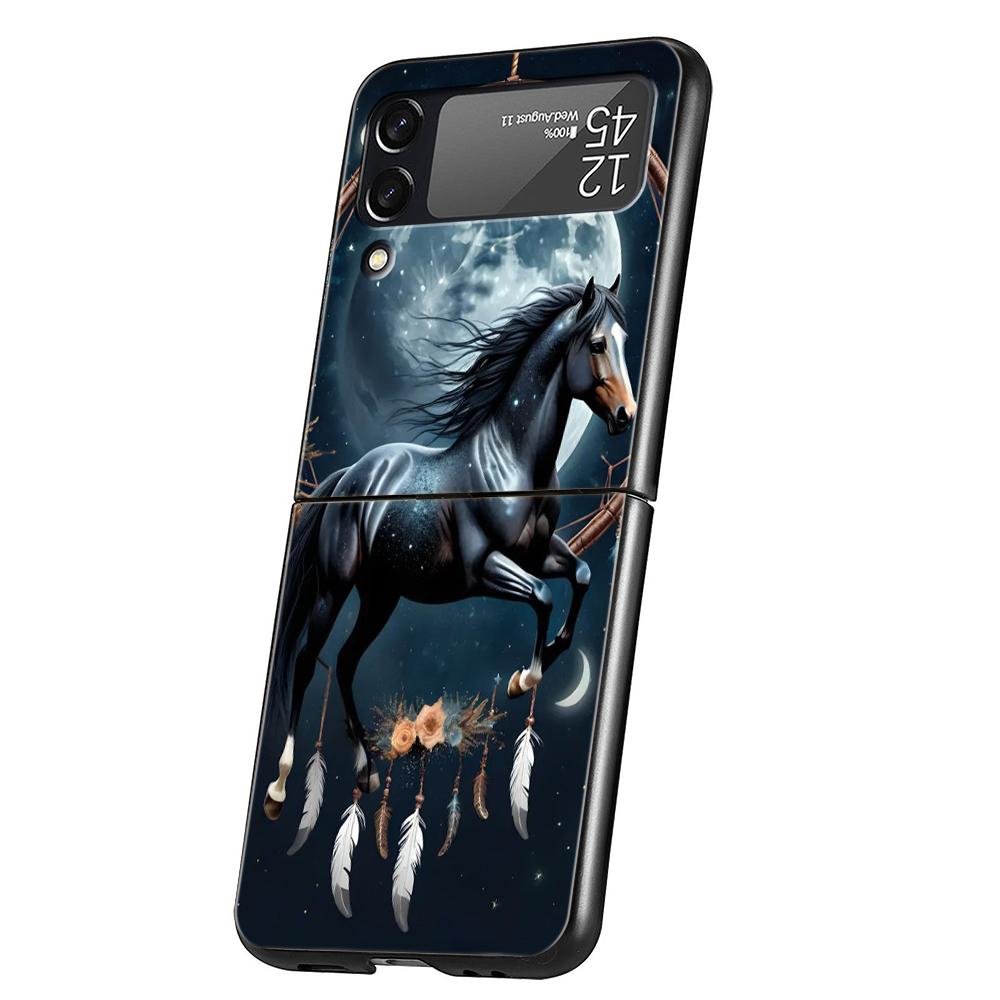 Hard PC Phone Case For Samsung Galaxy Z Flip 7/6/5/4 Black Cover For Galaxy Z Flip 3 Foldable Shockproof Capas Horse Animal Bags