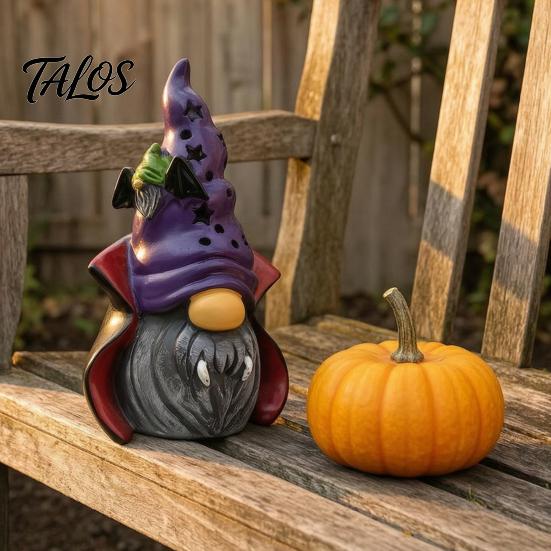 Halloween Tabletop Decorations Vampire Gnome Figurine, Resin Faceless Dwarf Statue with Purple Star Gothic Home Decor Hat And Cape, Spooky Cute