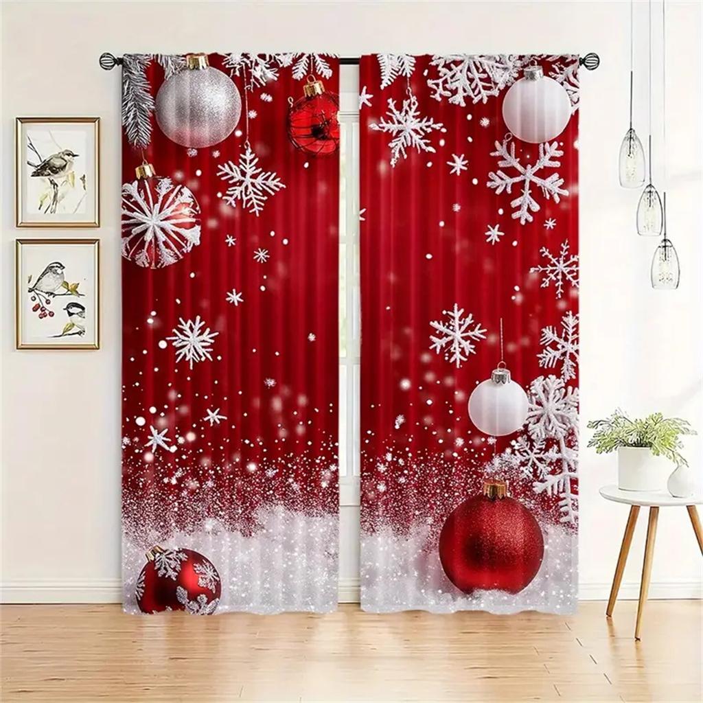 2pcs Classic Christmas Lantern Trees Elk Print Curtains Hand Washable,Hookless Rod Pocket For Living Room Bedroom Kitchen Office