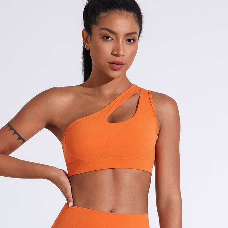 Sports Underwear Hollow out One Shoulder Shockproof Push up Running Fitness Bra Sloping Shoulder Beauty Back Pilates Yoga Vest Women