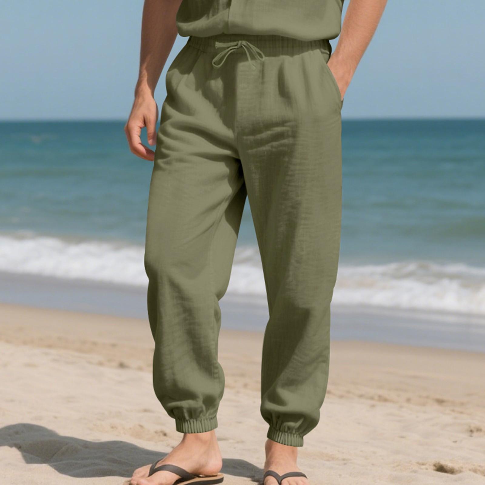 

Мужские льняные брюки для йоги, пляжа, свободного кроя, повседневные летние брюки с эластичной талией на шнурке и карманами XXL
